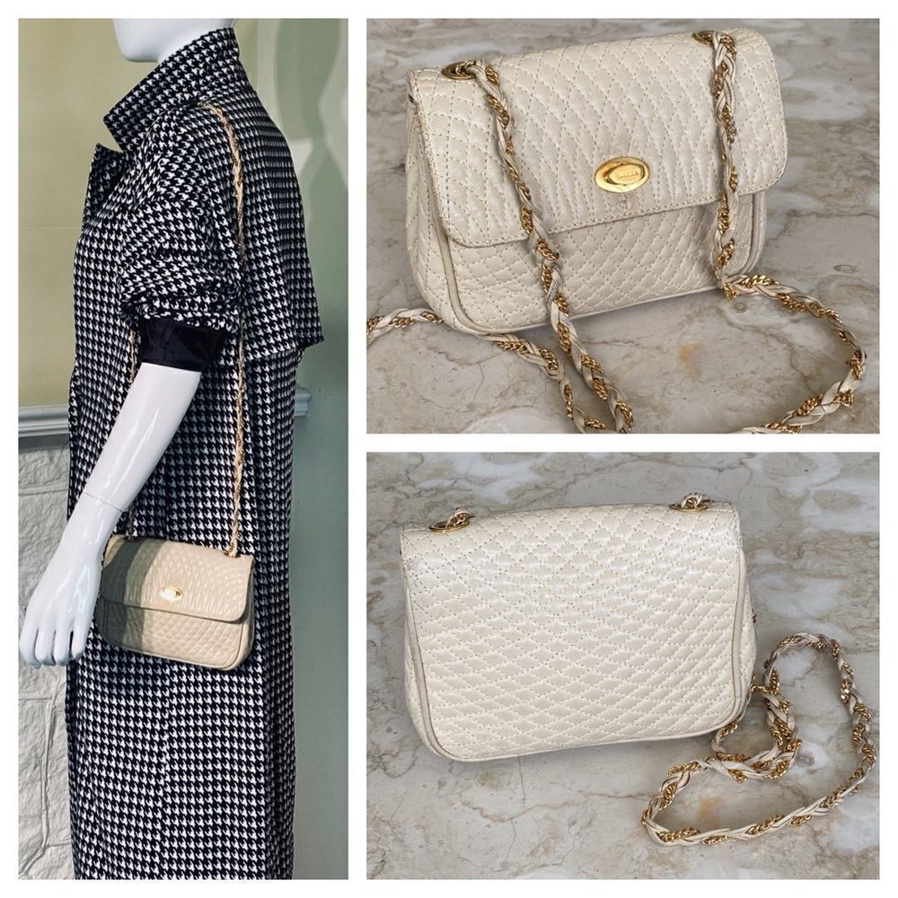Bally Quilted Ivory Leather Woven Chain Strap Shoulder Bag Vintage